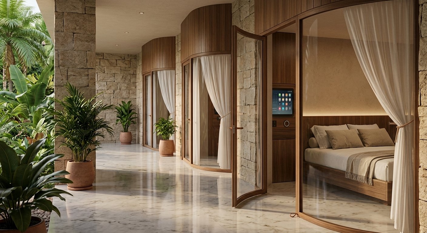 Bedroom chamber with wooden bed and a private garden view