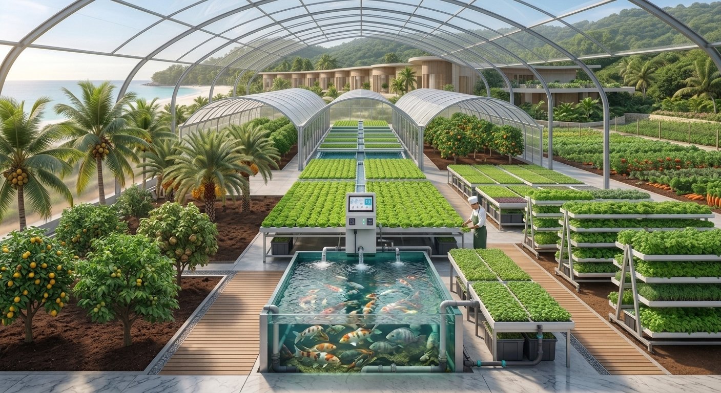 On-site greenhouse growing vegetables and herbs for the kitchen
